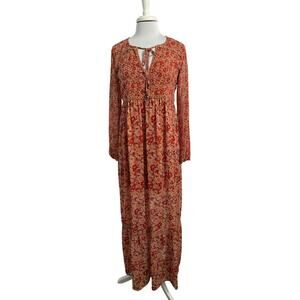 Women's M Cottagecore Prairie Floral Sheer Ruffle Maxi Dress Burnt Orange Fall